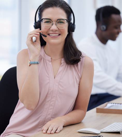 Call center, portrait and friendly woman for telemarketing sales, customer services or virtual cons.
