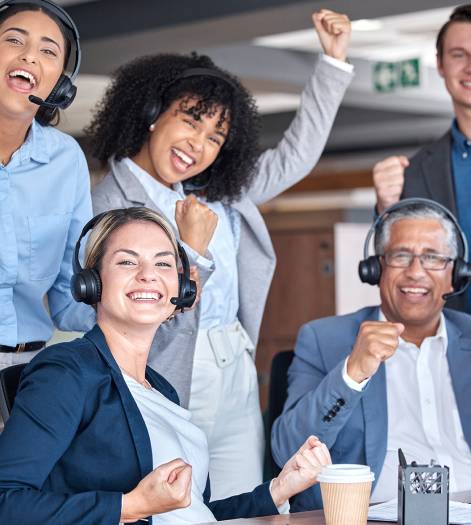 Call center, team or happy people with success of winning telemarketing sales target or achievement.